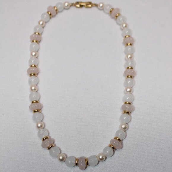 Rose and White Quartz Gemstone and Pearl Necklace - Picture 6 of 7